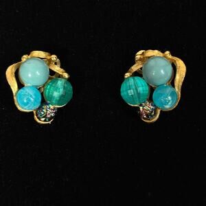 Vintage Blue Bead Earrings, Gold Tone Clip On Plastic Beads MidCentury Modern
